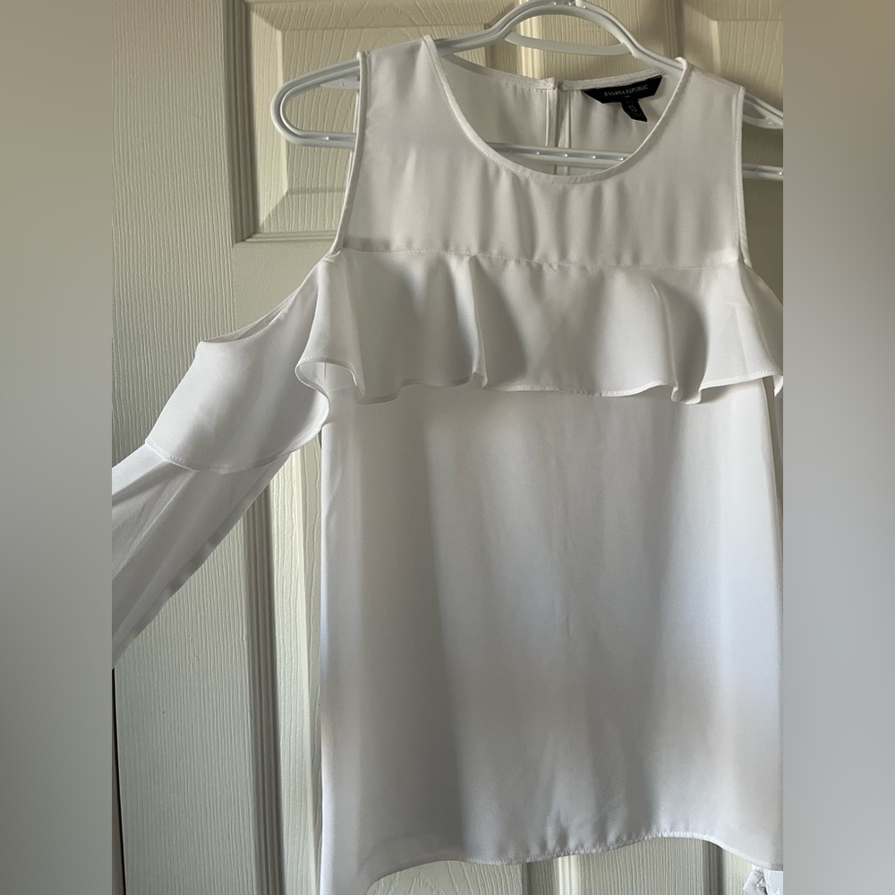 Banana Republic Cold Shoulder Tops x 3- white, black and polka dot navy